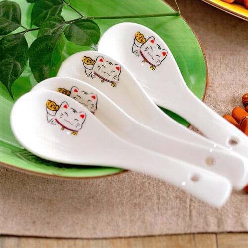 Ceramic Soup Spoon Japanese White Lucky Cat Bone China Dinnerware Restaurant Household Kitchen Supplies Tableware Kitchen