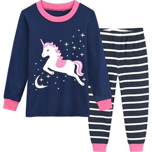 Girls Unicorn 100% Cotton Clothing Set Baby Kids Long Sleeve T Shirt Striped Pants Pajamas Set Children Sleeping Wear Clothes