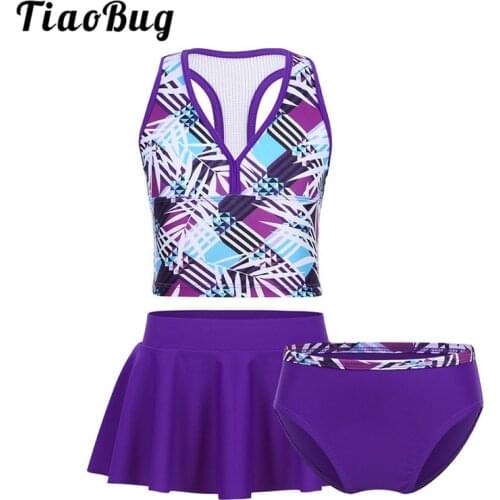 TiaoBug Kids Teens Purple Tankini Swimsuit Girls Swimwear Bathing Suit Plaid Crop Top with Bottoms Skirt Children Bikini Set