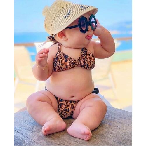 New Girl Cute Two-Piece Nylon Split Swimsuit Cartoon Leopard Print Open Back Lace Top and Elastic Bow Triangle Shorts Bikini