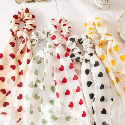 Love Heart Chiffon Large Intestine Hair Ribbons Circle Rope For Woman Elastic Rubber Band Horsetail Holder Headband Headdress