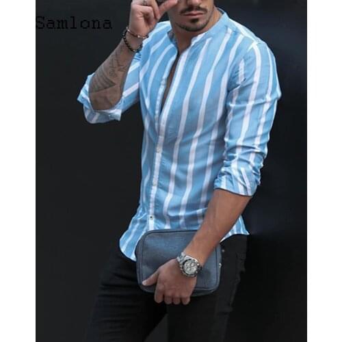 Samlona Men Skinny Tops Baisc Shirt England Style 2021 Autumn Long Sleeve Model Stripes Blouse Casual Shirt Sexy Mens clothing