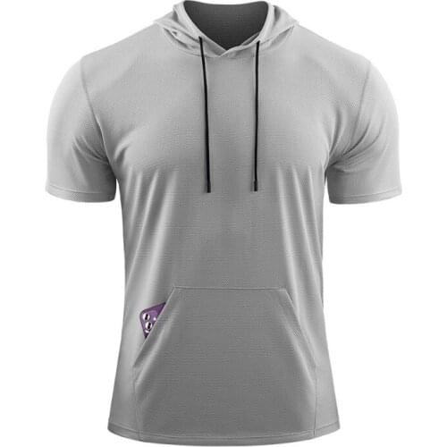 Male Loose Short-sleeved Fitness T-shirts Pocket Breathable Hooded Tops Mens Fitness Quick Dry T-shirt