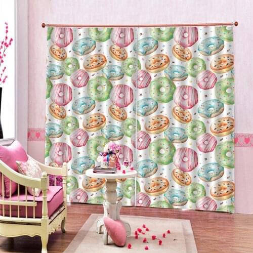 Customizable any size Pink Doughnut Dessert Curtain For Childrens room Party Balackout Drapes Decor （left and right side)