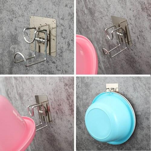 Rustproof Kitchen Bathroom Wall Mounted Door Sticky Hanger Holder Wash Basin Holder Strong Adhesive Hook Stainless Steel
