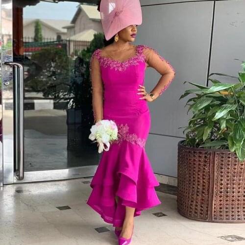 Fuchsia Sheath Bridesmaid Dresses V Neck Mesh Full Sleeve Maid of Honor Gown Satin Ruffles Ankle Length Wedding Guest Wear