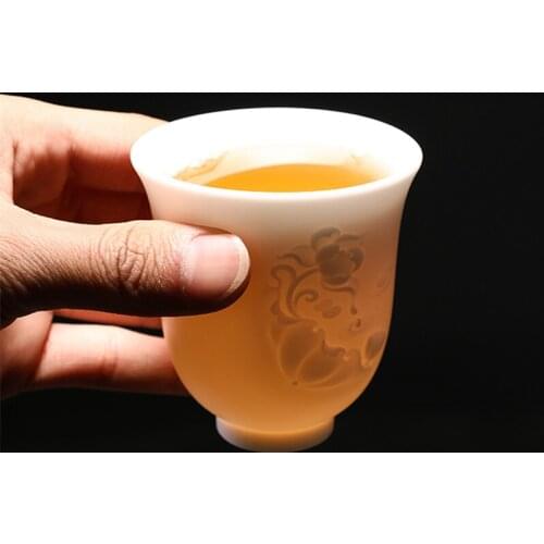 Full handmade carved tea cup jade porcelain cup lotus water lily engraved relief kungfu cup of tea 150ml master cups