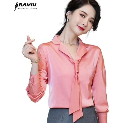 Pink Chiffon Shirt Women Long Sleeve Temperamrnt 2020 Autumn Plus Size Tie Professional Casual Blouses Office Ladies Work Tops