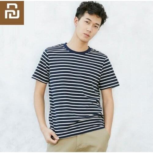 New youpin men Cotton loose round neck short sleeve summer casual comfort bottoming shirt Classic stripes shirt for man