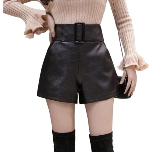 2019 Korean PU Faux Leather Shorts Women Autumn Winter High Waist Wide Leg Short ladies Plus Size Sexy Black Belted Short Femme