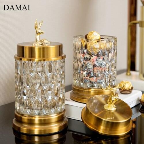 Golden Deer Glass Storage Jar with Lid Animal Decor Relief Craft Candy Sancks Jar Coffee Table Desktop Chocolate Dessert Pot