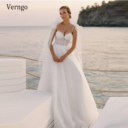 Verngo 2021 New Glitter A Line Beach Wedding Dress Spaghetti Straps Bow Shoulder Tulle Bones Fitted Lace Corset Bridal Gowns