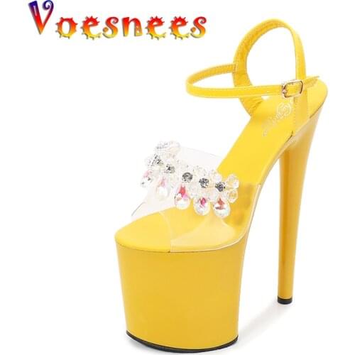 Voesnees New Model Catwalk Shoes Summer Womens Sandals 20 cm Sexy High Heels Transparent Rhinestone Pole Dance Wedding Shoes