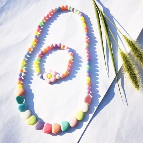 2021 Trendy Childrens Acrylic Heart Round Bead Necklace Bracelet Set In Candy Color Fashion Jewelry Mixcolor For Girls' Present