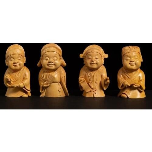 4PCS Boxwood 7.5cm Cartoon Chinese Traditional Figure Sculpture Four Talented People Wood Statue Home Decor