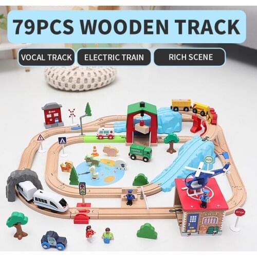 79PCS Wooden Electric Train Rail Car Set Magnetic Car Puzzle Assembled Track Wooden Railway Train Accessories Toy For Kids