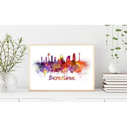 Barcelona Skyline Poster - Lámina Artistica Decoracion Hogar Monumentos Ciudad - Cartel de arte de Pared Viajes Paisajes
