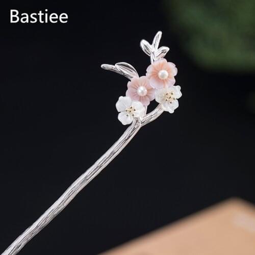 Bastiee Shell Flowers 925 Sterling Silver Hair Stick Luxury Wedding Jewelry Hairpins Women Accessories Sakura Cherry Blossoms
