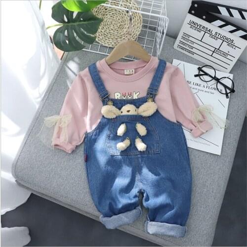 Childrens Clothing Baby Autumn Cartoon Denim Overalls Bottoming Shirt Girl Cute Two-Piece Suit with Rabbit