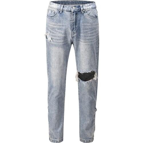 Ankle Button Hole Washed Jeans for Men High Street Retro Stragith Casual Denim Trousers Oversize Hip Hop Baggy Men Clothing