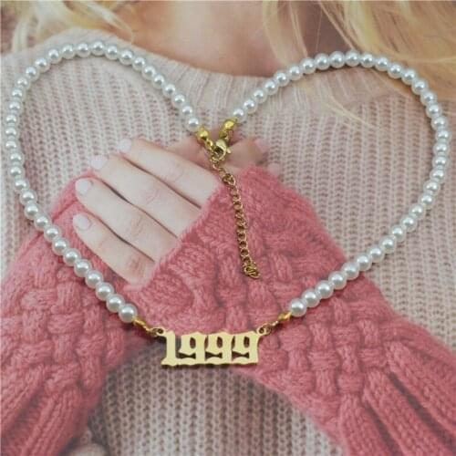 Elegant Jewelry Gold Birth Year Necklaces Choker Pendant Charms Imitation Pearl Necklace Collier Femme BFF Birthday Gift