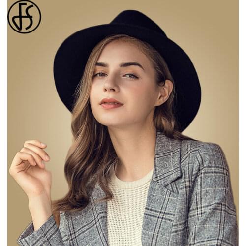 FS Fedora Hat Wide Brim Jazz Cowboy Hat For Women and Men Solid Black Cap Gray Wool Bowler Felt Hat Winter Trilby Caps 2021