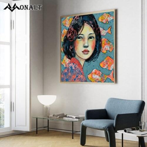 Short Hair Girl Goldfish Oil Painting Nordic Canvas Painting Abstract Art Character Animal Square Posters and Prints Decoration