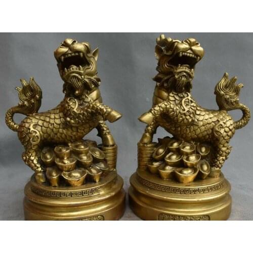 China Bronze Fengshui Dragon Kylin Kirin Qilin Beast Yuanbao Money Statue Pair