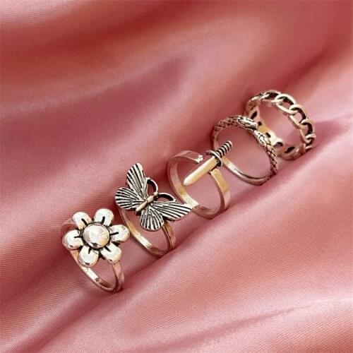 Punk Butterfly Flower Finger Ring 5PCS/Set for Women Gothic Silver Color Flower Angel Wings Cupid Charms Rings 2021 Jewelry