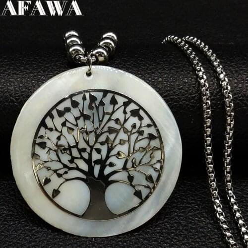 2021 Tree of Life Shell Stainless Steel Necklaces Pendants for Women Big Boho Silver Color Necklaces Jewelery collares N18253