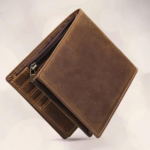 Men Crazy Horse Cowhide Short Wallets For Men Top Quality Zipper Pocket ID/Credit Card Holder Coin Purse Vintage Bifold Wallet