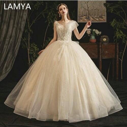 LAMYA High Quality Lace Appliques With Beadings Wedding Dresses Princess Elegant Ball Gown Bridal Gowns V Neck Vestidos de Novia