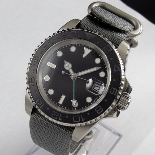 40MM Black Sterile Dial Sapphire Glass Ceramic Bezel GMT Date Glass Case Back Automatic Mens Wristwatch