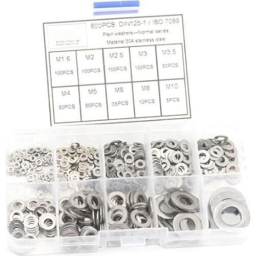 600pcs DIN125 Stainless Steel Washer Plain Washer Kit Screw Bolt Fastener Metalwork Hardware Assortment Accessories