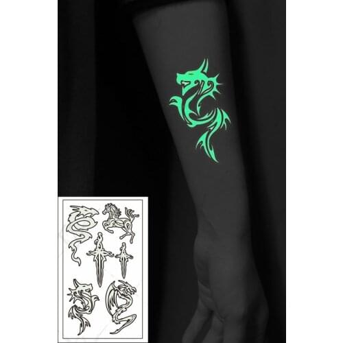 Tattoo Stickers Luminous Temporary Fake Tattoos Sexy Sword Dragon Horse Animal Paste on Face Arm Leg Body Art for Men Women