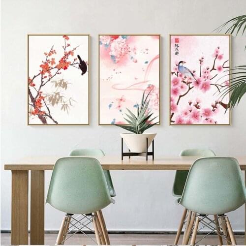 Chinese Style Pink Peach Blossom Tree Bird Canvas Paintings Wall Art Print Ancient Poems Modular Picture Unframed Poster
