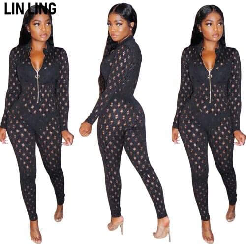 LINLING 2021 New European and American Sexy Hollow Out Black Lace Hole Long Sleeve Zipper One Piece Small Leg Pants