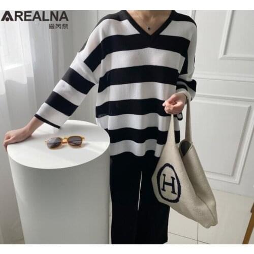 Autumn Fashion tracksuit women Korean Sweater Knitted stripe Two piece Casual set Women Long Pullovers Tops and pants sets Suits
