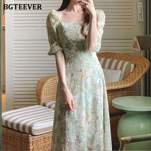 BGTEEVER Vintage Square Collar Women Chiffon Dress Summer Puff Sleeve Slim Waist Female A-line Dress Elegant Floral Vestidos