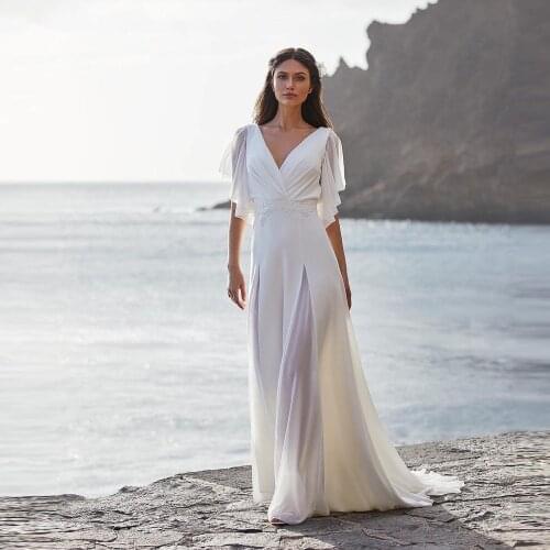 Simple Chiffon Wedding Dresses 2021Beach Boho A Line V Neck Puff Short Sleeves Plain Ivory Bridal Gowns Pleats Applique Elegant