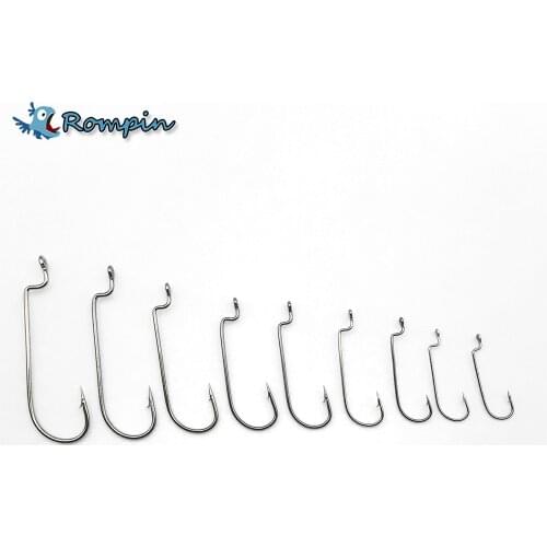 Rompin 100pcs Narrow J Bend Worm Hook for Carolina Rigs Bass Fishing Hooks Retail Sharp Point 5/0 4/0 2/0 1/0 1 2 4 6