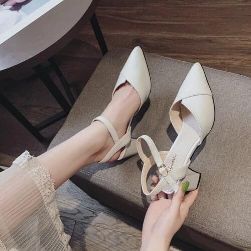Elegant Sandals Women Genuine Calfskin Leather Pointed Toe Buckle Strap Summer Ladies High Heel Pumps
