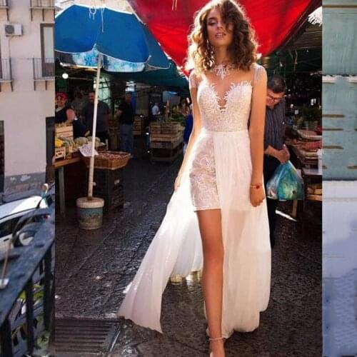 2021 Boho Wedding Dresses Beach Beading Tassel V-Neck Appliques Lace Long Sleeves Front Split Ivory Tulle Simple Bridal Gowns