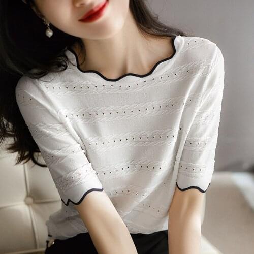 Knitted pullover sweater Womens Half sleeve Mesh Hollow knit Tops spring casual Ladies 2021 Female New Jumper Pull femme
