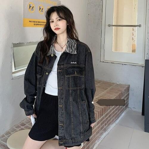 Zebra Pattern Spring Autumn Denim Women Clothing Loose Trendy Jeans Jacket Lapel Single-Breasted Female Trench Coat Veste Femme