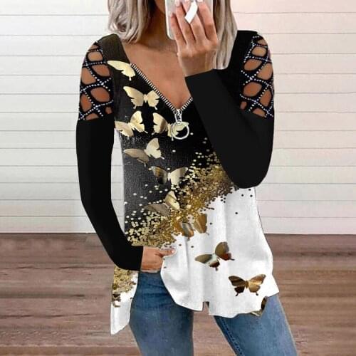 Fashion Golden Foil Butterfly Prints Tunic Shirts Womens Casual Zipper V-Neck Shirts Autumn Hollow Long Sleeve Tops blusas
