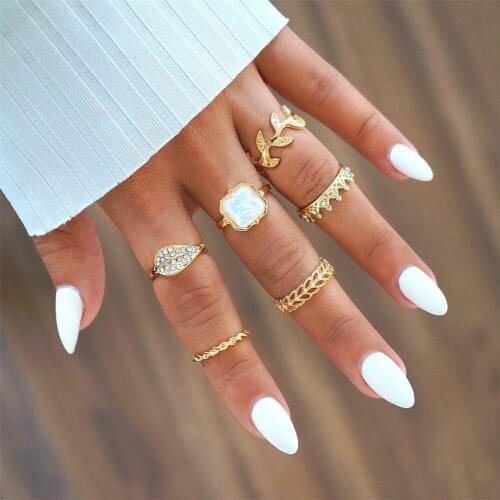ALYXUY 6 Pcs /set Fashion Bohemia Crystal Crown Leaves Ring Set Midi Ring Ornament for Women Girl Knuckle Ring New Party Jewelry