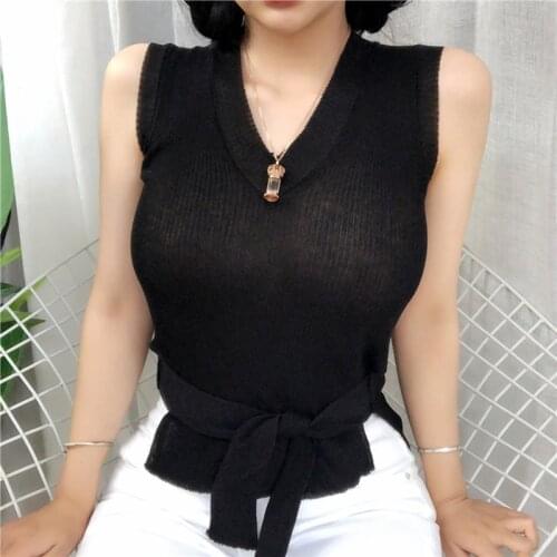 Sexy High Quality Summer Autumn Women V Neck Top Sleeveless T-shirt Slim Sashes Fashion Knitted Tank Top Female Tee Knitwear