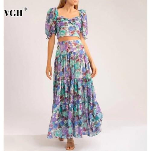 VGH Vintage Print Two Piece Set For Women V Neck Puff Short Sleeve Lace Up Tops Elastic High Waist Skirts Casual Sets Female New
