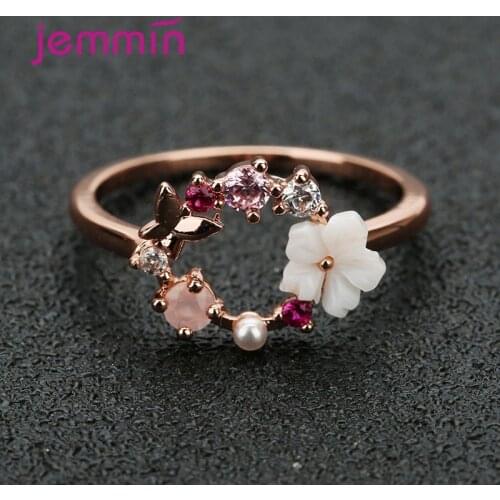 Women Delicate Rose Gold Color Rings For Women Crystal Leaf Shell Flower Ring Ladies Girls Finger Bague Jewelry Gift